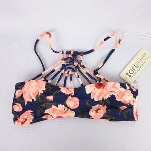 Tori Praver Indigo Blue Floral Macrame High Neck Bandeau Swim Bikini Top